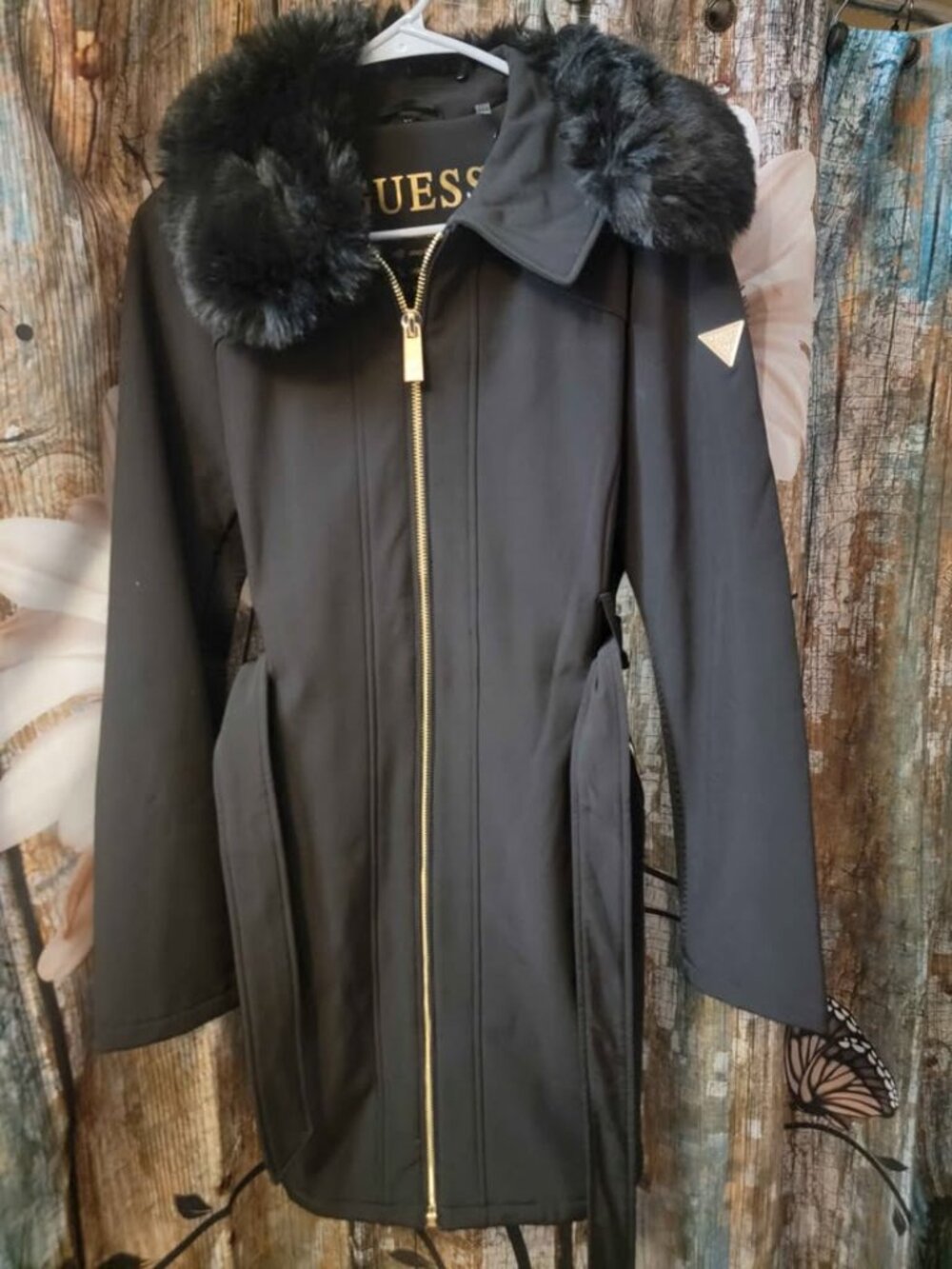 GUESS Softshell Trench Coat with Faux Fur Collar